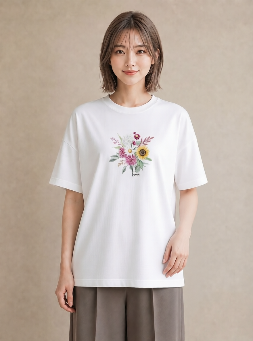 デザインTシャツ レディース ひまわり 向日葵 花 花柄 イラスト ナチュラル 母の日 ビーチ 白T