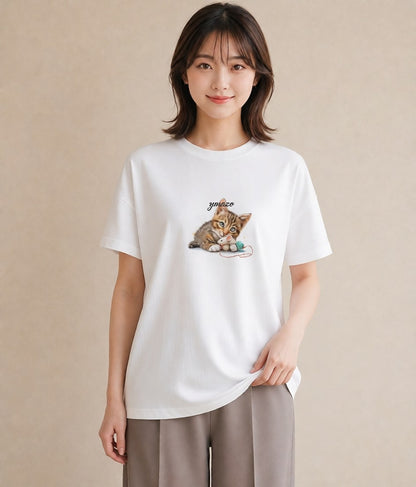 デザインTシャツ レディース 子猫 猫 ねこ イラスト 韓国風 誕生日プレゼント 綿100 白T