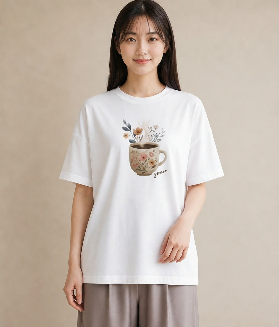 デザインTシャツ レディース コーヒー 珈琲 カフェ 食べ物 フード イラスト 海 カフェ巡り 白T