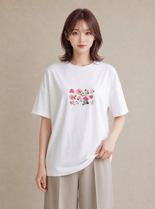 デザインTシャツ レディース バラ 薔薇 ローズ 花 花柄 イラスト ガーリー 散歩 お出かけ 白T