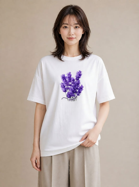 半袖Tシャツ レディース ラベンダー 花 花柄 イラスト 韓国風 誕生日プレゼント 綿100 白T