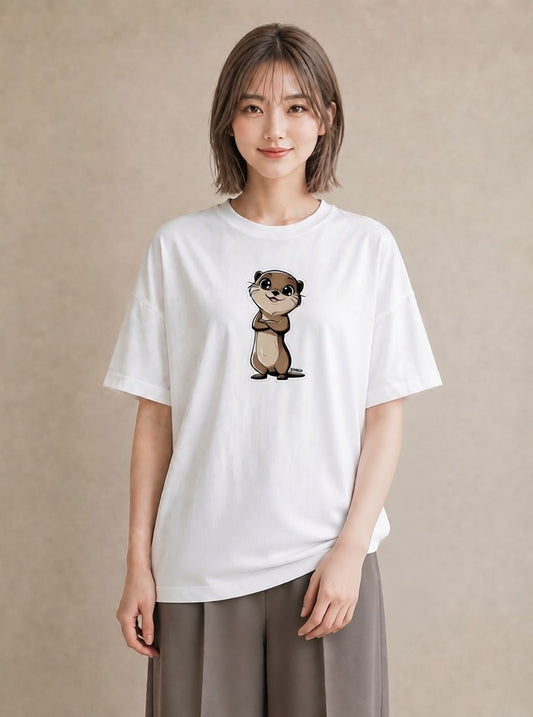 グラフィックTシャツ レディース コツメカワウソ 動物 アニマル イラスト ガーリー ラフ レイヤード 白T