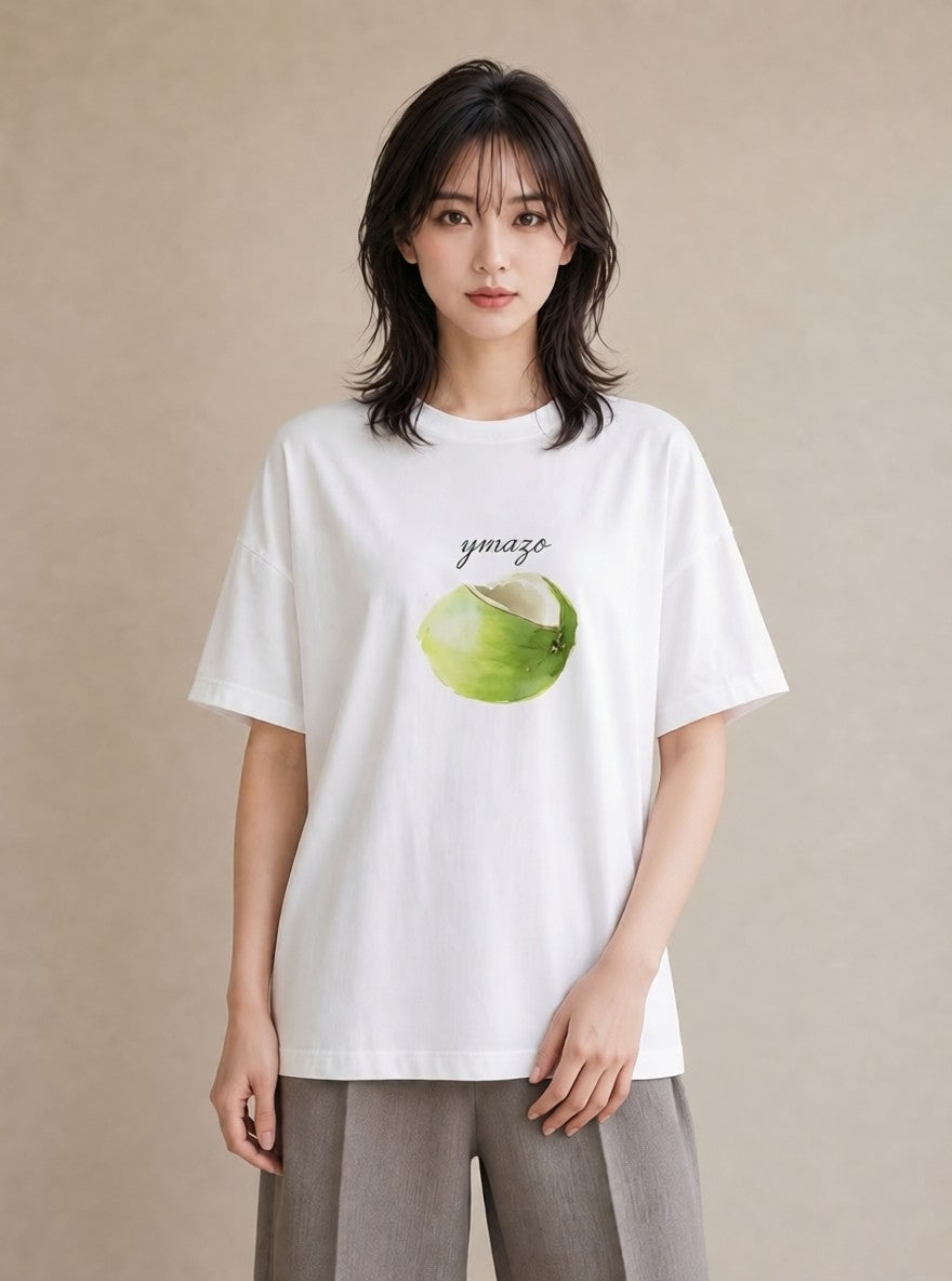 半袖Tシャツ レディース りんご 林檎 アップル 食べ物 フード イラスト 普段使い 旅行用 海 白T
