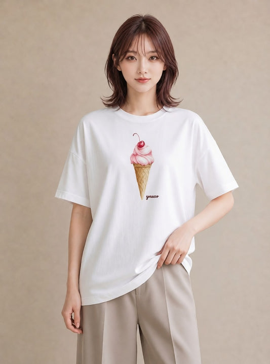 Tシャツ レディース アイス 食べ物 フード イラスト ゆるかわ 海 カフェ巡り 白T