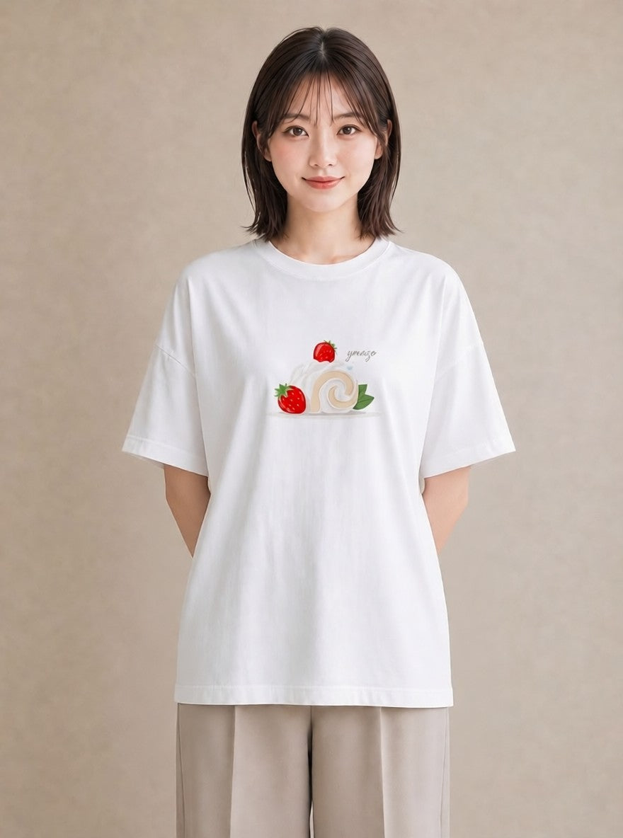 Tシャツ レディース ショートケーキ 食べ物 フード イラスト ユニーク デート 帰省 白T
