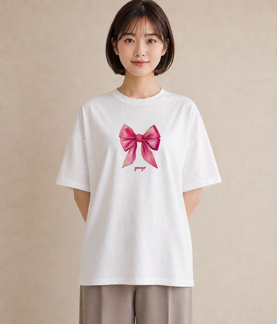 グラフィックTシャツ レディース リボン 蝶結び ナチュラル アンティーク イラスト 淡色 レイヤード 友達ギフト 白T