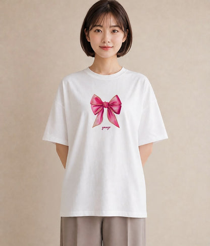 グラフィックTシャツ レディース リボン 蝶結び ナチュラル アンティーク イラスト 淡色 レイヤード 友達ギフト 白T