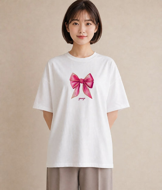グラフィックTシャツ レディース リボン 蝶結び ナチュラル アンティーク イラスト 淡色 レイヤード 友達ギフト 白T