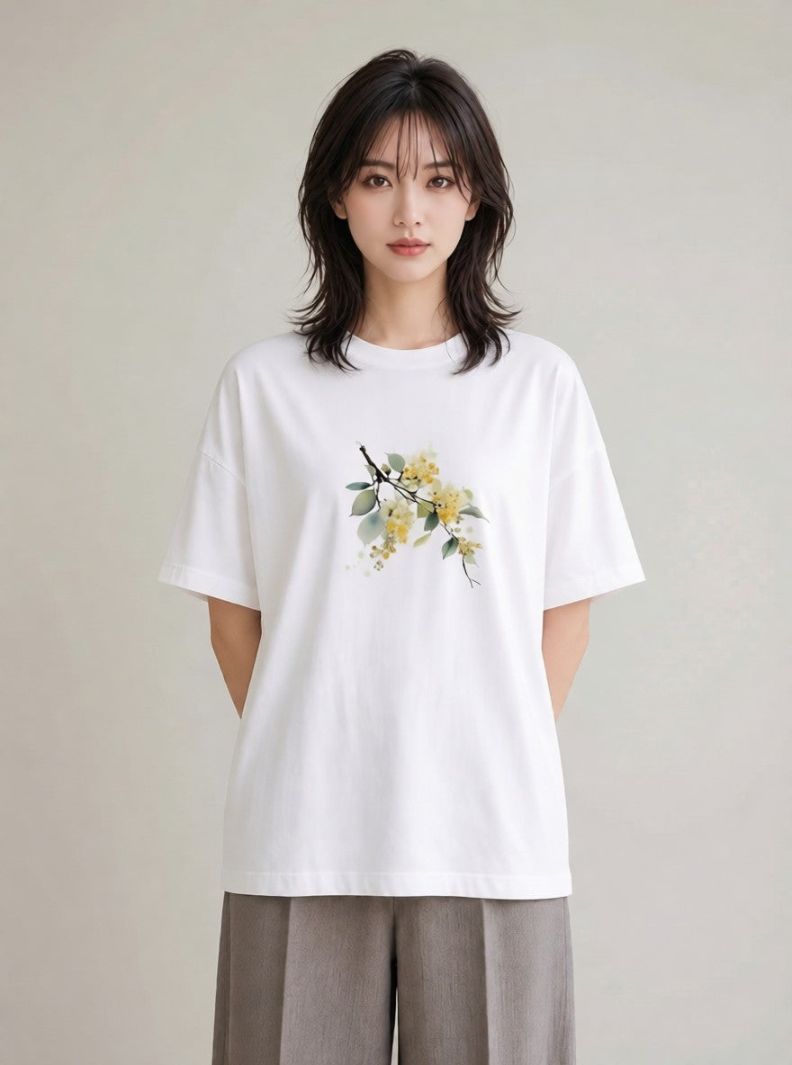 プリントTシャツ レディース ミモザ 花 花柄 イラスト ボタニカル 20代 カジュアルコーデ 白T
