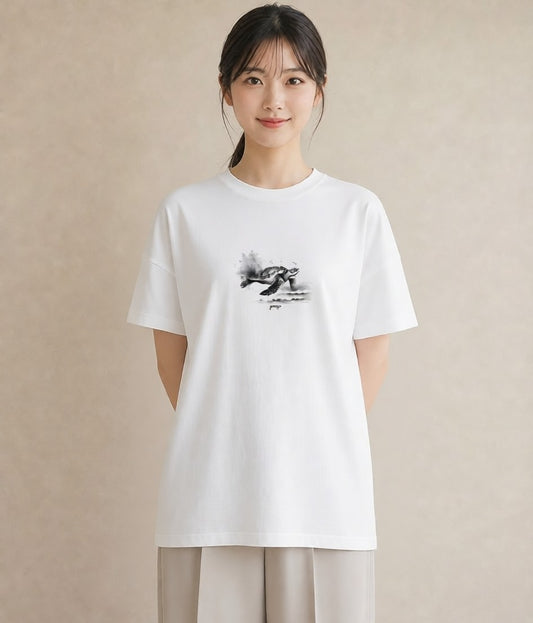 デザインTシャツ レディース ウミガメ 海の生き物 海 イラスト きれいめ 通勤 在宅 白T