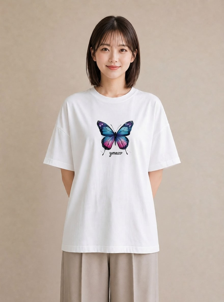 プリントTシャツ レディース ちょうちょ 蝶 バタフライ 昆虫 虫 イラスト 淡色 帰省 ラフ 白T