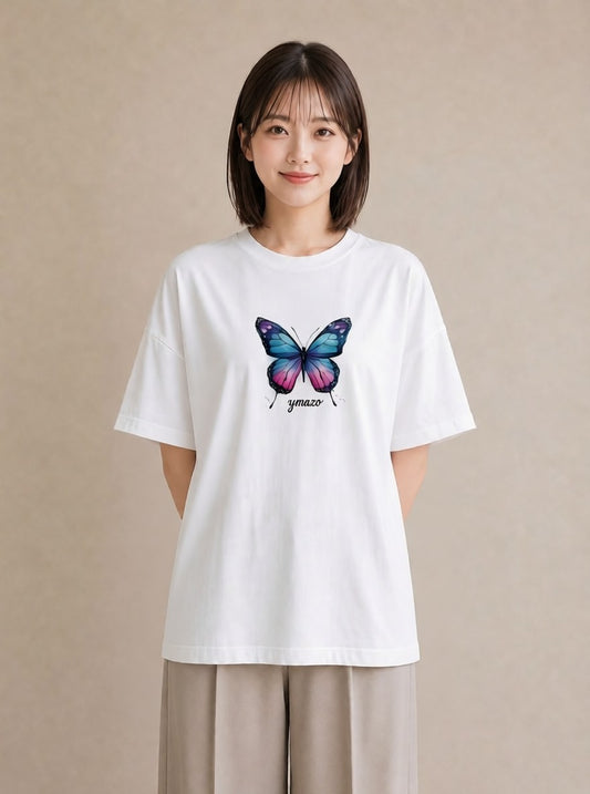 プリントTシャツ レディース ちょうちょ 蝶 バタフライ 昆虫 虫 イラスト 淡色 帰省 ラフ 白T