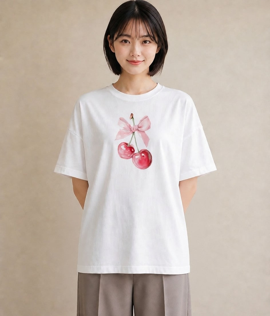 デザインTシャツ レディース さくらんぼ チェリー 食べ物 フード イラスト 20代 カジュアルコーデ 白T
