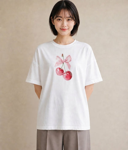 デザインTシャツ レディース さくらんぼ チェリー 食べ物 フード イラスト 20代 カジュアルコーデ 白T