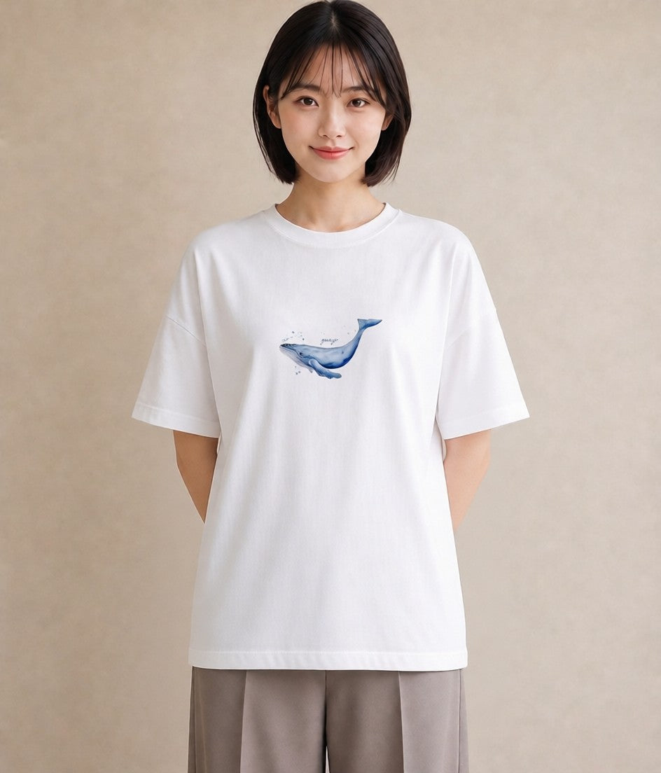 プリントTシャツ レディース クジラ 海の生き物 海 イラスト ナチュラル 休日 ペアコーデ 白T