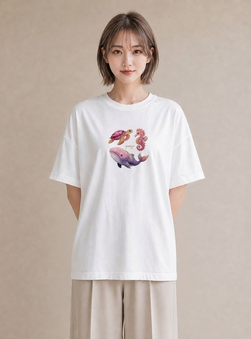 デザインTシャツ レディース タツノオトシゴ 海の生き物 海 イラスト ラフカジュアル お出かけ 普段着 白T