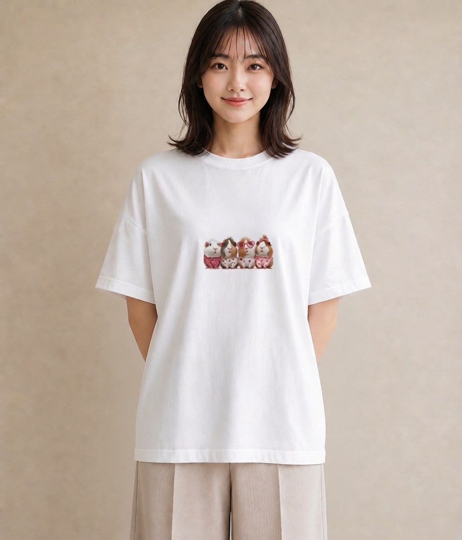 Tシャツ レディース モルモット ペット 動物 イラスト ラフ 誕生日プレゼント 綿100 白T
