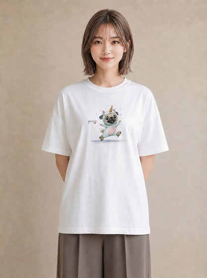 プリントTシャツ レディース パグ 犬 いぬ イラスト ニュアンス 社会人 女性 白T