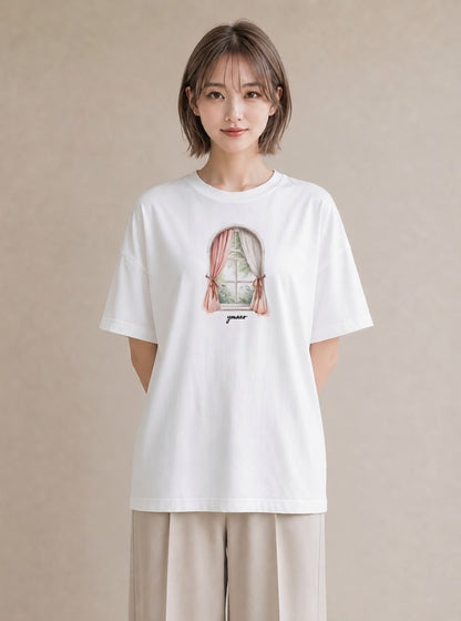 半袖Tシャツ レディース 窓辺の雨 雨の日 窓 ナチュラル アンティーク イラスト ミニマル ビーチ デイリーウェア 白T