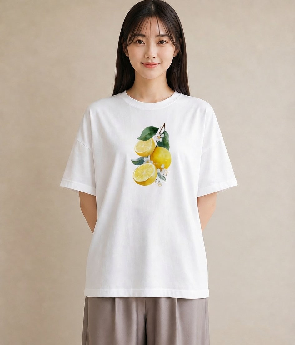 半袖Tシャツ レディース レモン 檸檬 食べ物 フード イラスト カフェコーデ 海 カフェ巡り 白T