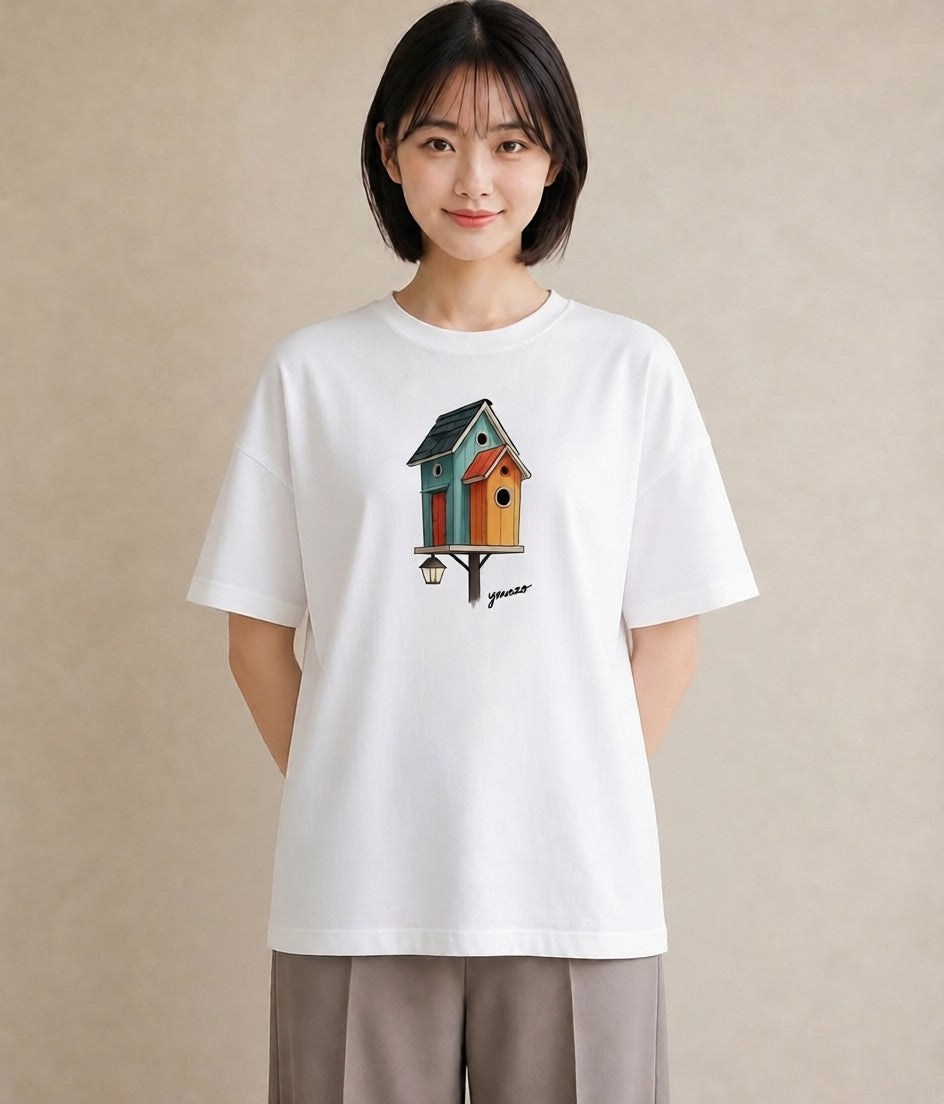 プリントTシャツ レディース 遠い家と鳥 風景 鳥 ナチュラル アンティーク イラスト ポップ デイリーウェア 休日 白T