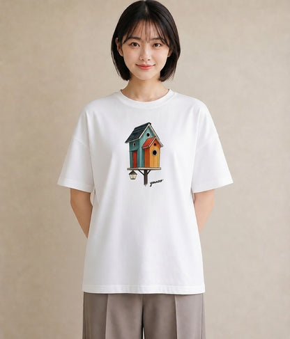 プリントTシャツ レディース 遠い家と鳥 風景 鳥 ナチュラル アンティーク イラスト ポップ デイリーウェア 休日 白T