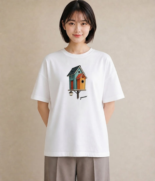 プリントTシャツ レディース 遠い家と鳥 風景 鳥 ナチュラル アンティーク イラスト ポップ デイリーウェア 休日 白T