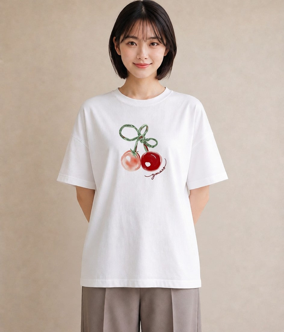 デザインTシャツ レディース りんご 林檎 アップル 食べ物 フード イラスト デイリーウェア 休日 白T