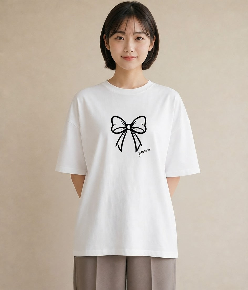 Tシャツ レディース リボン ボウ りぼん イラスト こなれ感 親子 20代 白T