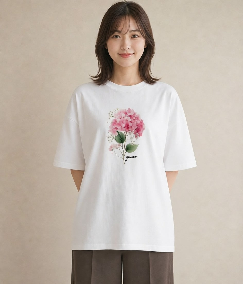 半袖Tシャツ レディース あじさい 紫陽花 アジサイ 花 花柄 イラスト シック 夏コーデ 通学 白T
