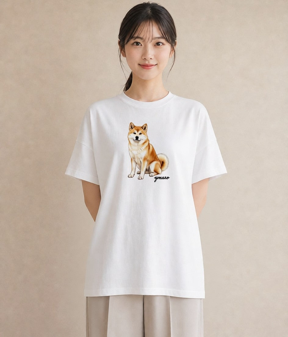 半袖Tシャツ レディース 秋田犬 犬 いぬ イラスト カフェコーデ ミセス 春コーデ 白T