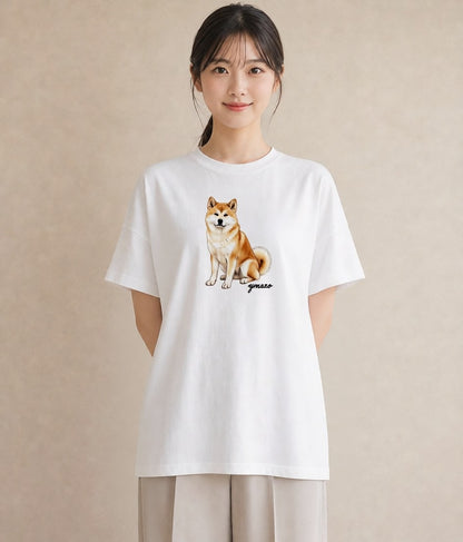 半袖Tシャツ レディース 秋田犬 犬 いぬ イラスト カフェコーデ ミセス 春コーデ 白T