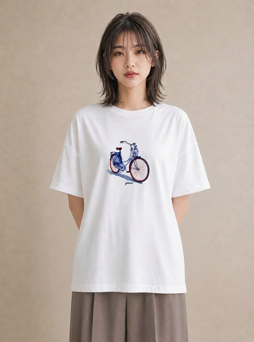 グラフィックTシャツ レディース 自転車のかご 自転車 花かご ナチュラル アンティーク イラスト お洒落 通学 誕生日プレゼント 白T