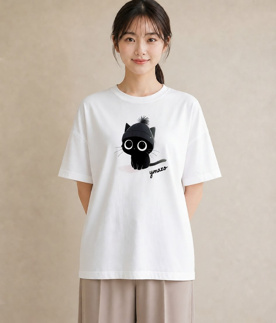 プリントTシャツ レディース 黒猫 猫 ねこ イラスト アート風 通勤 在宅 白T