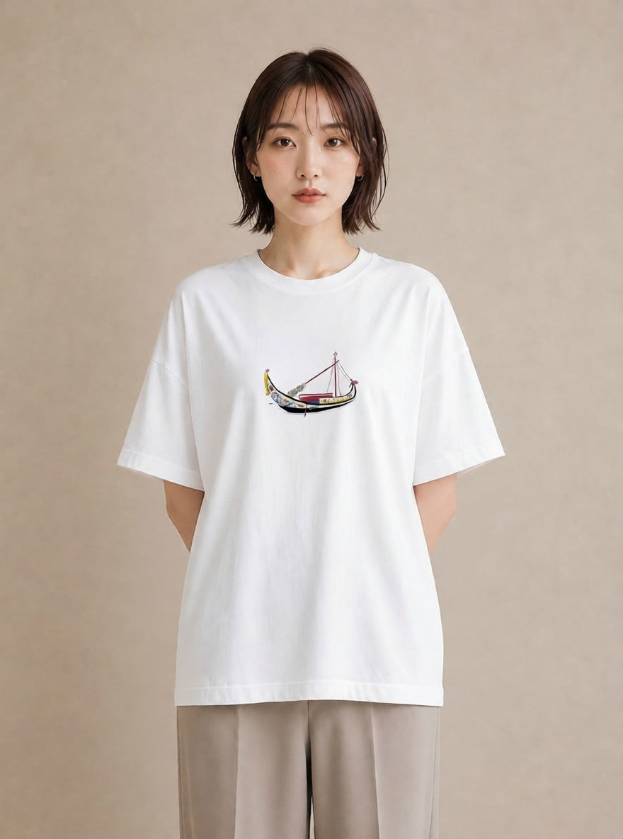 グラフィックTシャツ レディース 桟橋 水辺 波止場 ナチュラル アンティーク イラスト 買い物 夏コーデ 白T