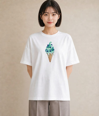 デザインTシャツ レディース ソフトクリーム 食べ物 フード イラスト レトロ 自分用 ルームウェア 白T