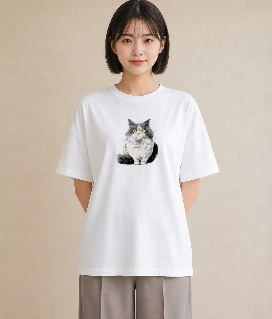 Tシャツ レディース ペルシャ 猫 ねこ イラスト 北欧風 買い物 夏コーデ 白T