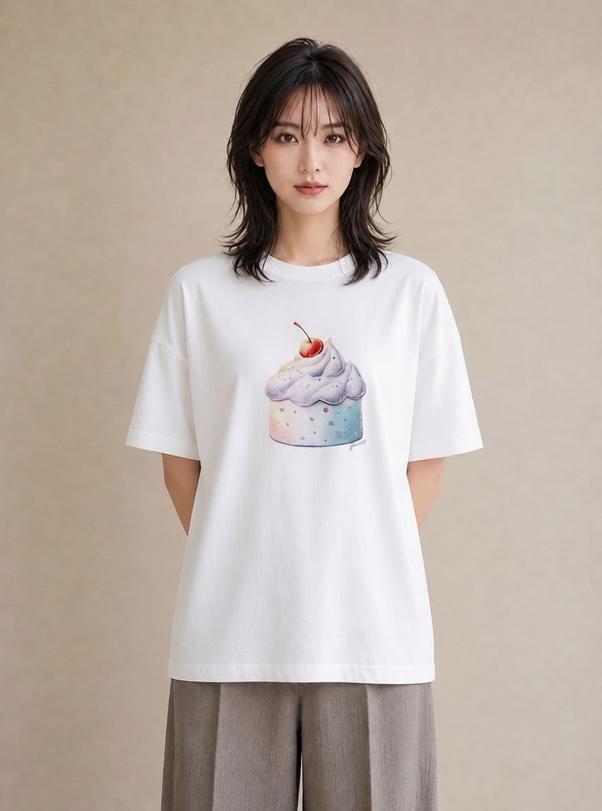 Tシャツ レディース プリン 食べ物 フード イラスト モード 公園 ママ 白T