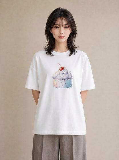 Tシャツ レディース プリン 食べ物 フード イラスト モード 公園 ママ 白T