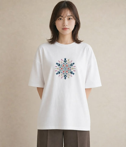 グラフィックTシャツ レディース 雪の結晶 星空 宇宙 イラスト 水彩風 ママ カフェ服 白T