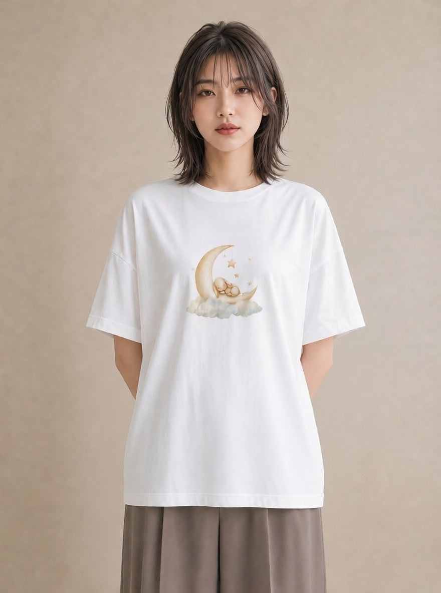 半袖Tシャツ レディース 三日月 星空 宇宙 イラスト 旅行コーデ 送別ギフト 通勤 白T