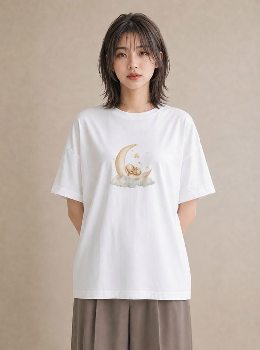 半袖Tシャツ レディース 三日月 星空 宇宙 イラスト 旅行コーデ 送別ギフト 通勤 白T