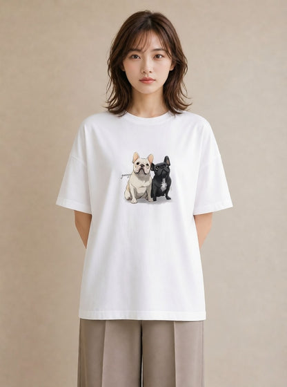 グラフィックTシャツ レディース フレンチブルドッグ フレブル 犬 いぬ イラスト 韓国風 カフェ巡り 女子会 白T