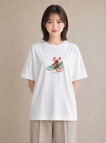 半袖Tシャツ レディース バレエシューズ バレエ トウシューズ ナチュラル アンティーク イラスト ミニマル ホワイトデー 春服 白T