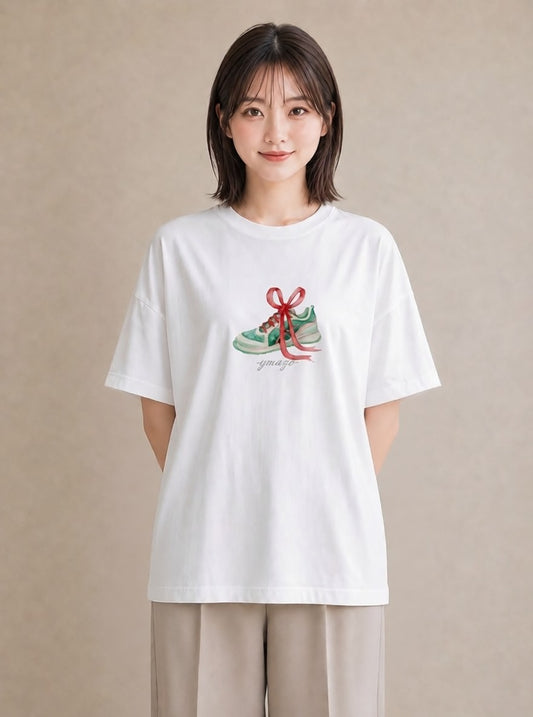 半袖Tシャツ レディース バレエシューズ バレエ トウシューズ ナチュラル アンティーク イラスト ミニマル ホワイトデー 春服 白T