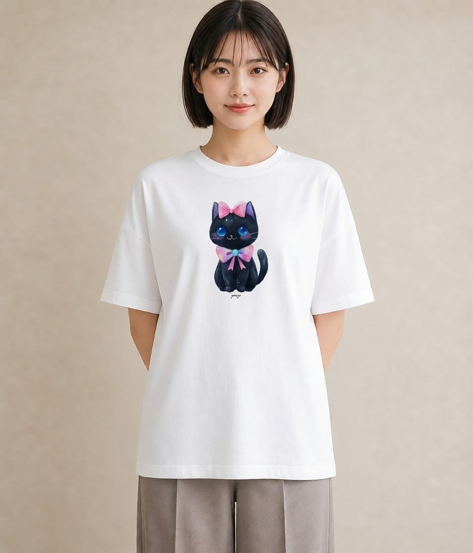 プリントTシャツ レディース 黒猫 猫 ねこ イラスト 線画 公園 ママ 白T
