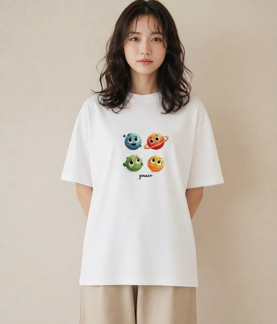 プリントTシャツ レディース 土星 星空 宇宙 イラスト 抜け感 春コーデ 姉妹 白T