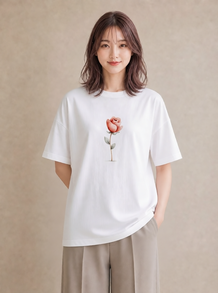 プリントTシャツ レディース バラ 薔薇 ローズ 花 花柄 イラスト ニュアンス 公園 ママ 白T