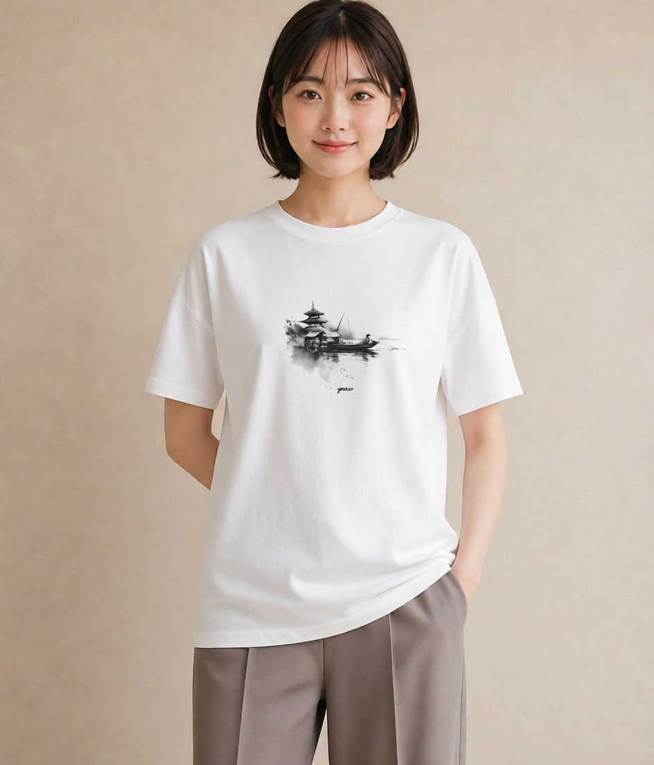 プリントTシャツ レディース 紙の船 水辺 ナチュラル アンティーク イラスト こなれ感 敬老の日 ホワイトデー 白T