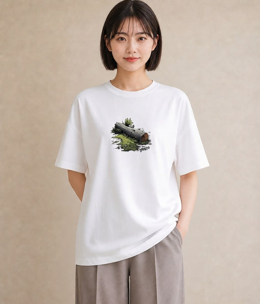 Tシャツ レディース 小川 橋 せせらぎ ナチュラル アンティーク イラスト 普段使い 公園 ママ 白T